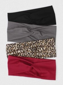 4条/套纯色豹纹弹力交叉发带，适合女性日常佩戴，休闲发带，头巾，吸汗带，校园用品，大学秋冬季发饰，女士度假装扮，优雅围巾，女士头巾，柔软头巾 - 彩色 - 查看 2