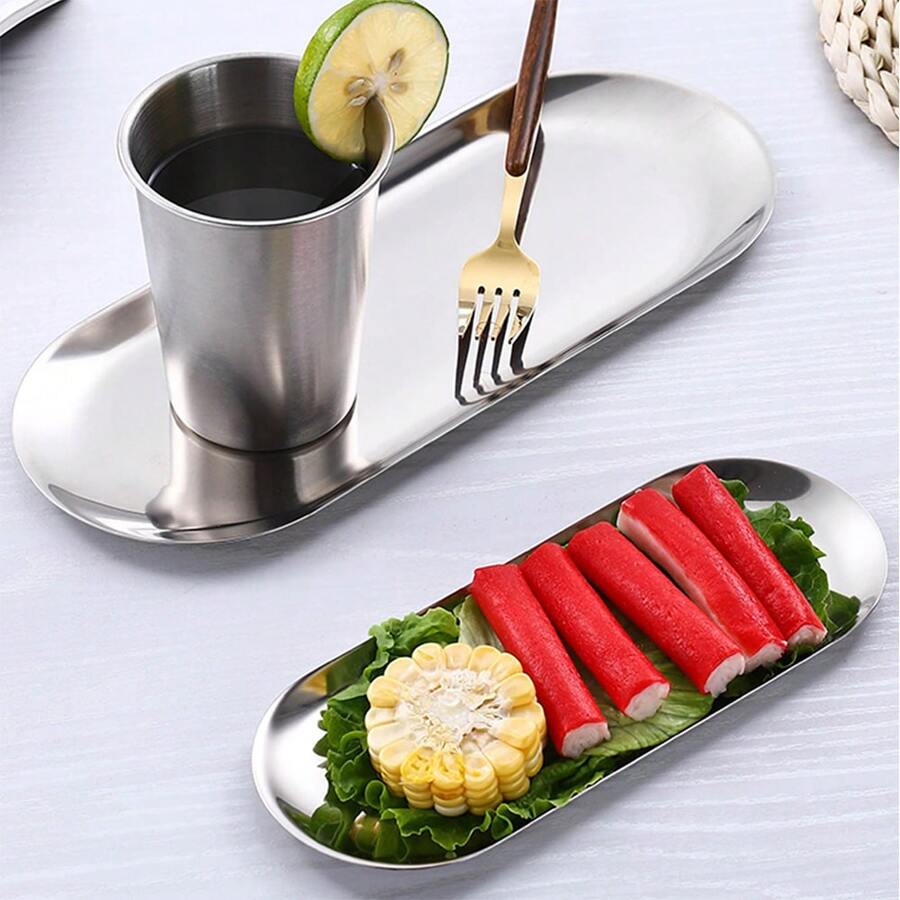 1 件不锈钢小托盘，欧式椭圆形平底甜点盘，坚果蛋糕水果盘，小吃盘 - 銀色 - 查看 1