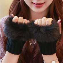 Women's Knit Gloves With Warm Furry Cuff For Autumn And Winter - Black - View 1