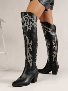 Novo Bota de Cowgirl de Estilo Western com Salto Grosso e Bordado em Estilo Vintage Resort