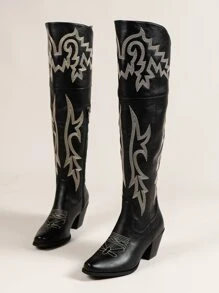 Novo Bota de Cowgirl de Estilo Western com Salto Grosso e Bordado em Estilo Vintage Resort