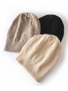 1頂女士100%純羊毛針織帽子,雙層加厚耳瓣,防風保暖,露孔設計,戶外休閒潮流韓式羊毛帽,秋/冬季 - 米色 - 查看 5