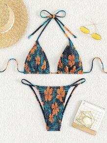 Shirred Halter Two-Piece Floral Bikini Set Summer - Navy Blue - View 1