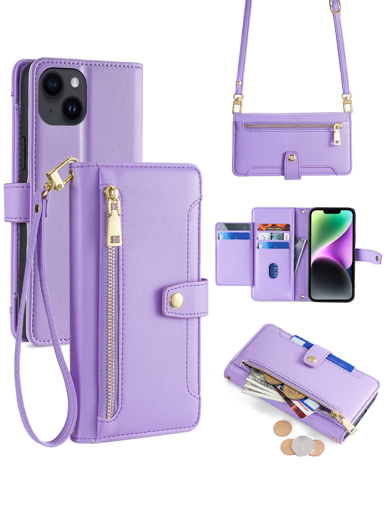 keyunfei 附赠手机挂饰 1 件紫色防摔拉链钱包，多功能卡槽和搭扣设计，可斜挎，兼容 14/ S23/ P50 Pro/ 小米 11 Lite/ 红米 Note 11 Pro 5G/ Pixel 7a/ 荣耀 X9a/ OPPO Reno 5 Lite，国际版，非国内版