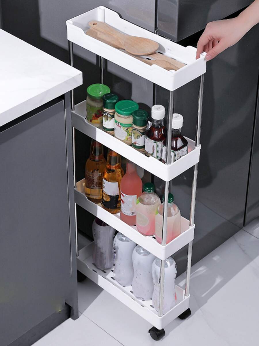 Carro rodante multifunción de 4 niveles con ganchos, ampliamente utilizado como estante de almacenamiento para baño, organizador de cocina, carrito para sala de estar, estante delgado para espacios estrechos, etc. - Blanco - Ver 1