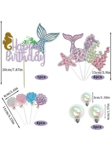 14入組/套塑料蛋糕裝飾創意美人魚和貝殼圖案生日蛋糕裝飾 - 彩色 - 查看 3