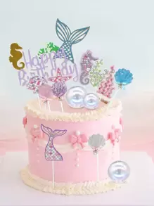 14入組/套塑料蛋糕裝飾創意美人魚和貝殼圖案生日蛋糕裝飾 - 彩色 - 查看 1