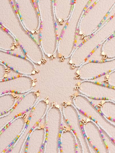 1件极简手工彩色串珠金色字母项链，A-Z 26个大写字母颈链，沙滩饰品，女孩礼物