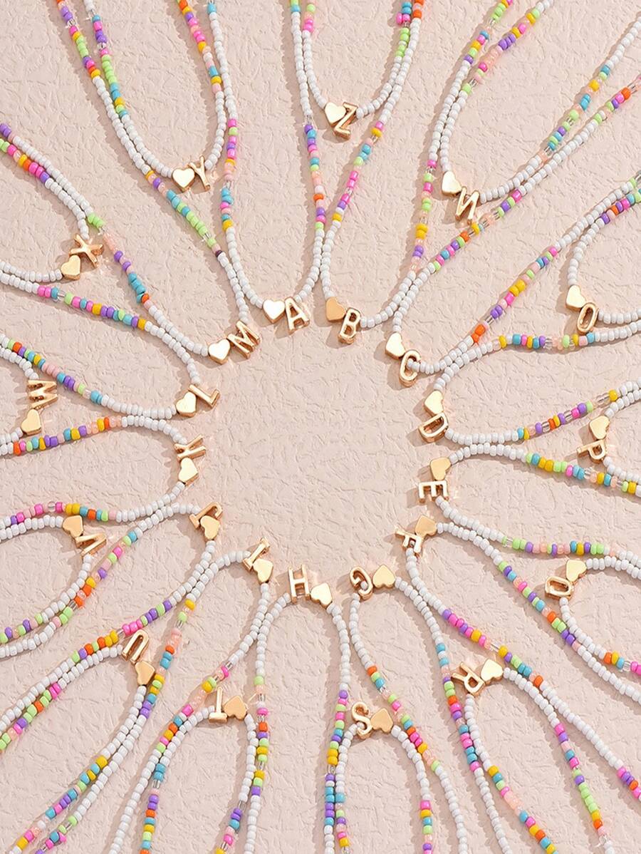 1件极简手工彩色串珠金色字母项链，A-Z 26个大写字母颈链，沙滩饰品，女孩礼物
