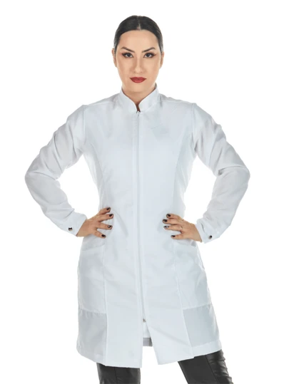 Jaleco Feminino Acinturado Oxford Zíper Manga Longa Gola Padre Branco