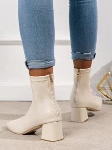 Botines nueva llegada de mujeres beige con grueso tacón con ajustado - Beis - Ver 5