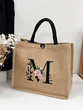 字母圖案亞麻布手提袋,適用於送給老師的禮物