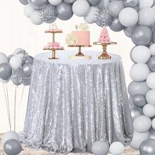 1塊銀色亮片圓桌布連閃亮的白色布,完美適用於婚禮、生日派對、嬰兒派對等場合 - 銀色 - 查看 1