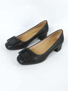 女性方頭舒適粗跟軟底工作鞋實心高跟鞋