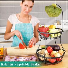 2 Tier Countertop Fruit Basket For Kitchen,Bread Vegetable Fruit Bowl Stand Detachable Metal Rectangular Wire Basket, Black Medium