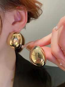 1雙時尚歐美風格水潤光澤誇張橢圓形3D銅耳環適合女士 - 金黃色 - 查看 8