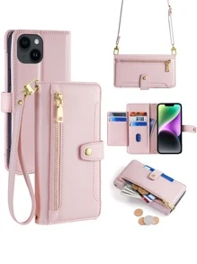 keyunfei Pink Zipper Wallet Phone Case With Magnetic Buckle, Multi-Card Slot, Shoulder Strap, Wrist Strap, Stand Function, Applicable Compatible With Apple 16/Galaxy/Redmi Note13/12C/13C/Poco X3/Honor X8A/X/16E