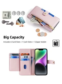 keyunfei Pink Zipper Wallet Phone Case With Magnetic Buckle, Multi-Card Slot, Shoulder Strap, Wrist Strap, Stand Function, Applicable Compatible With Apple 16/Galaxy/Redmi Note13/12C/13C/Poco X3/Honor X8A/X/16E