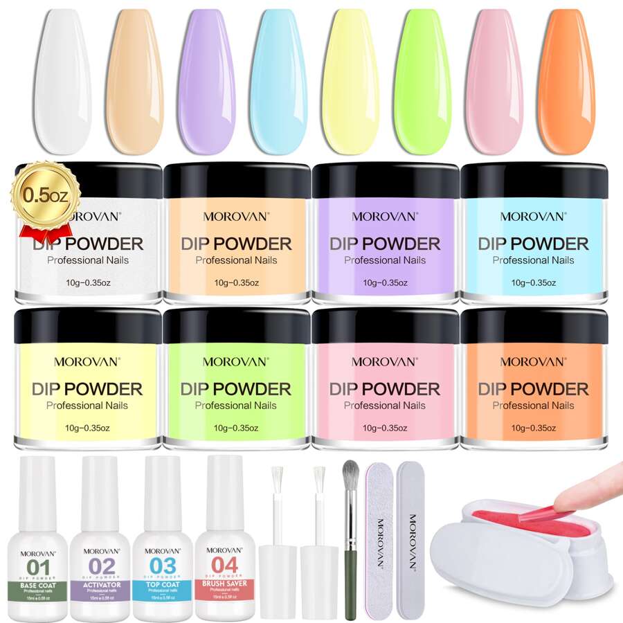 Morovan Dip Powder Nail Kit - 8 Colors Nail Dip Powder Kit Dipping Powder with Base Top Coat Activator Brush Saver Dip Powder Kit - 藍色 - 查看 1
