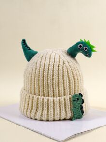 1 件裝男童保暖針織恐龍帽,適合秋冬日常佩戴 - 米色 - 查看 1