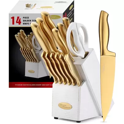 Knife Set-Marco Almond MA21 Luxury Golden Titanium Coated 14 Pieces Stainless Steel Hollow Handle Gold Kitchen Knife Set With Block By White Wash Finish Wood