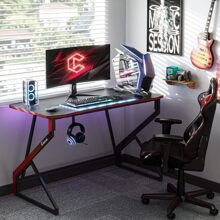 Simple Gaming Desk Z Shaped 40 inch Gamer Workstation, Home Computer Carbon Fiber Surface Gaming Desk PC Table with Headphone Hook - 黑色碳纖維 - 查看 1