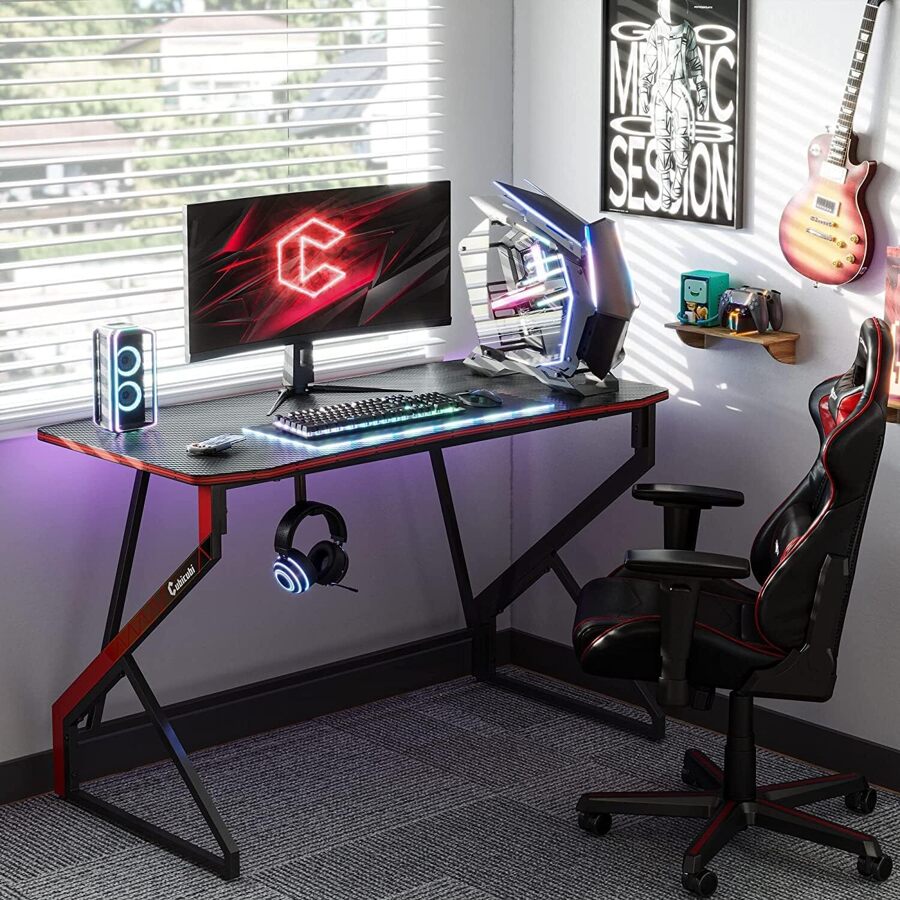 Simple Gaming Desk Z Shaped 40 inch Gamer Workstation, Home Computer Carbon Fiber Surface Gaming Desk PC Table with Headphone Hook - 黑色碳纖維 - 查看 1