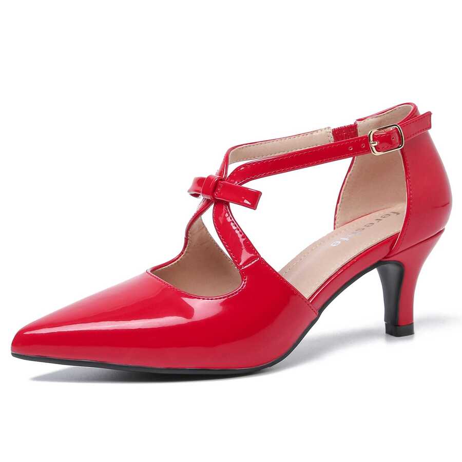 Women's Closed Pointed Toe Heels Small Bow Hollow Out D'Orsay Kitten Heel Dressy Pumps Valentines - 紅色 - 查看 1