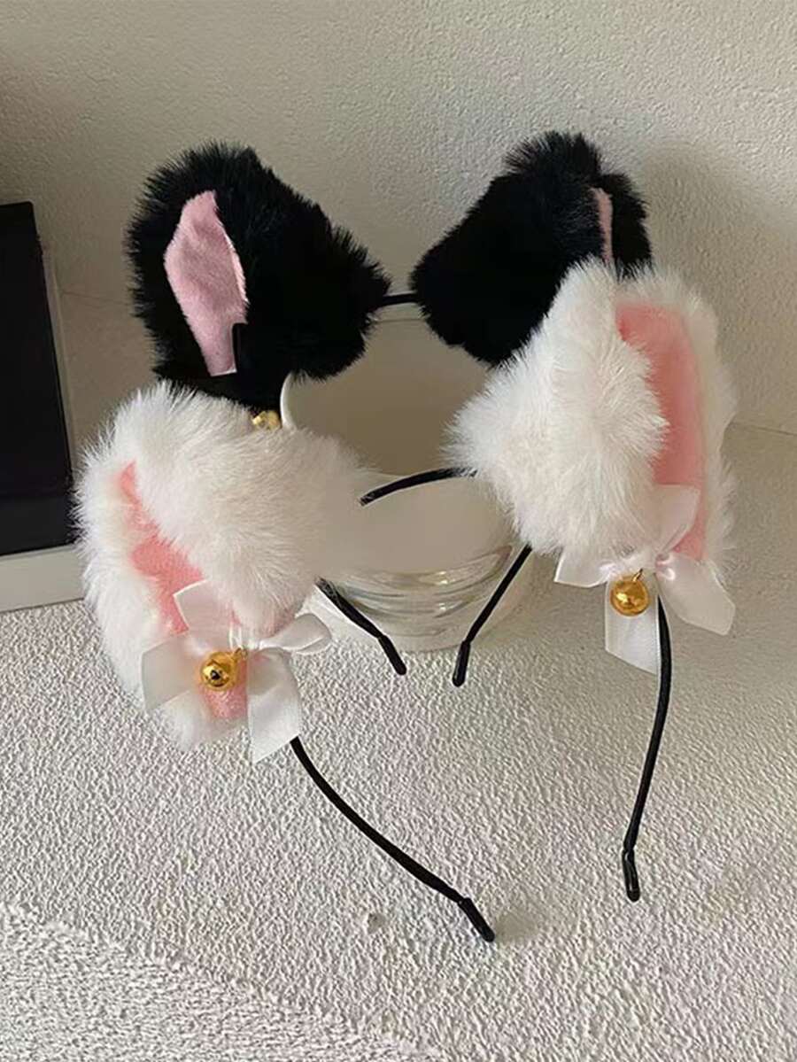 1 Pieza Diadema De Moda Para Mujeres Blancas Con Diseño De Moño, Campana Y Orejas De Gato De Imitación De Piel De Conejo, Adecuada Para Fiestas Y Uso Diario - Blanco - Ver 1