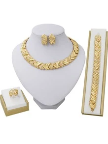 5pcs/Set Fashion 18k Gold Plated Women Jewelry Sets Necklace, Earrings, Ring And Bracelet, Perfect For Bridal Or Wedding - 金色 - 查看 1