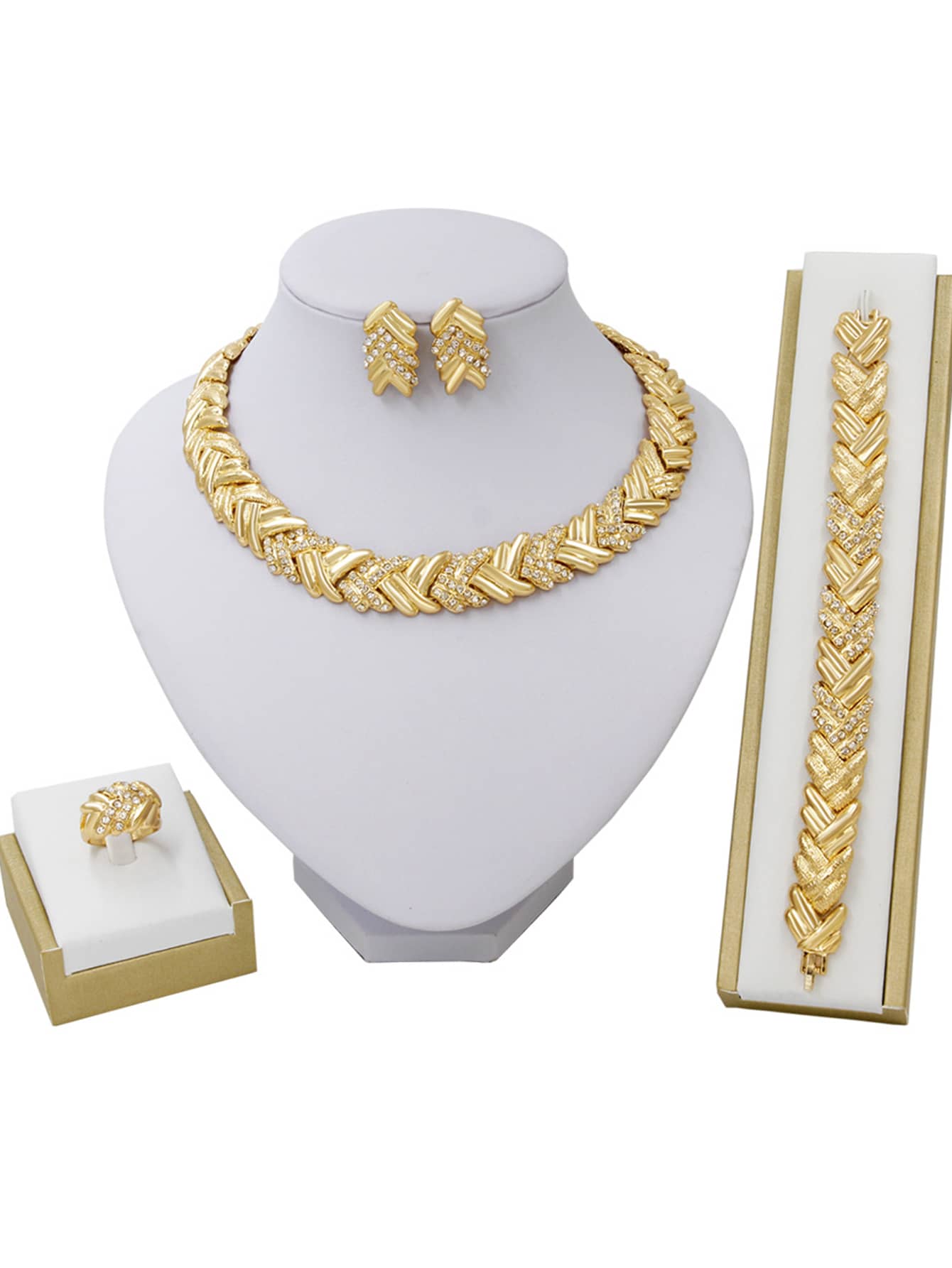 5pcs/Set Fashion 18k Gold Plated Women Jewelry Sets Necklace, Earrings, Ring And Bracelet, Perfect For Bridal Or Wedding - 金色 - 查看 1