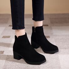 Botines De Tacón Grueso Para Mujer, Botas Planas, Botas Cortas De Invierno, Tacones Altos Con Suela Gruesa, Botas Chelsea De Estilo Británico - Negro - Ver 4