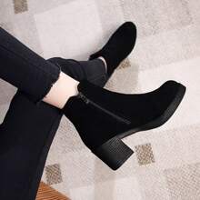 Botines De Tacón Grueso Para Mujer, Botas Planas, Botas Cortas De Invierno, Tacones Altos Con Suela Gruesa, Botas Chelsea De Estilo Británico - Negro - Ver 2
