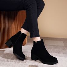 Botines De Tacón Grueso Para Mujer, Botas Planas, Botas Cortas De Invierno, Tacones Altos Con Suela Gruesa, Botas Chelsea De Estilo Británico - Negro - Ver 5
