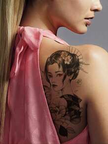 1入組具有藝妓圖案的水轉印暫時性刺青貼紙,適用於男女中性,逼真假刺青貼紙 - 黑色 - 查看 1