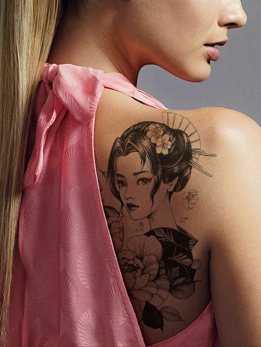 1入組具有藝妓圖案的水轉印暫時性刺青貼紙,適用於男女中性,逼真假刺青貼紙 - 黑色 - 查看 1