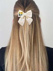 1件装女士优雅向日葵花朵刺绣蝴蝶结发夹，日常装饰，波西米亚风，情人节礼物，发爪夹，发卡，上学用品，大学，女士冬季穿搭，女士度假穿搭，蝴蝶结，可爱，发饰 - 米色 - 查看 4