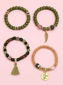 Bohemian Style Multilayer Beaded Elastic Bracelet - Green - View 2