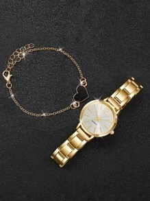 Juego de brazalete y reloj de pulsera de cuarzo de esfera sencilla con correa de acero de moda para damas (2 piezas/set) como regalo para estudiantes que regresan a la escuela - Dorado - Ver 3