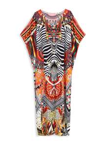 加上斑马和地理印花开叉大腿罩衫休闲服连衣裙长袍，适合夏季海滩度假 - 彩色 - 查看 8