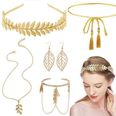 5 قطع مجموعة اكسسوارات زي إلهة إغريقية ، تشمل إكليل ذهبي ورقي ، قلادة ، أقراط ، سلسلة خصر ، خاتم ذراع ، تأتي مع فستان إلهة إغريقية ، مناسب للحفلات الفاخرة والزفاف والكريسماس