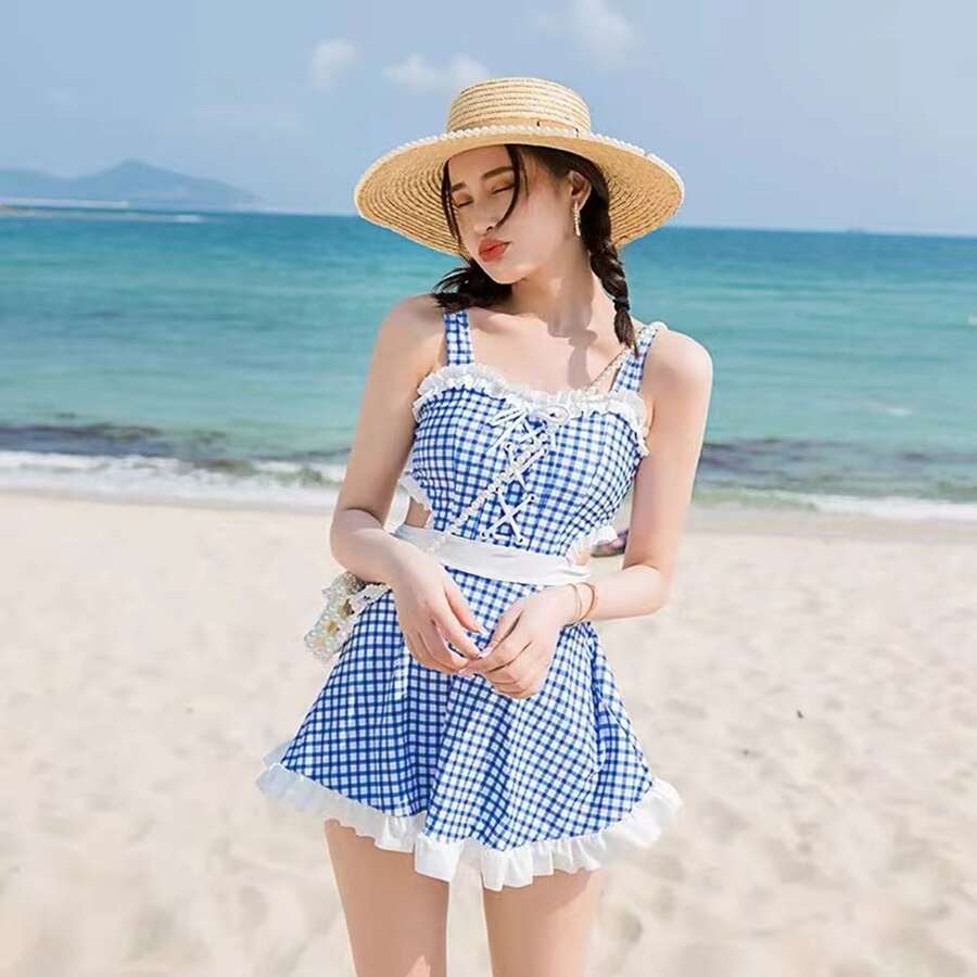 Two Tone Checkered Pattern Swimsuit With Cut-Out Ear Edges & Dress Style - Blue - View 1