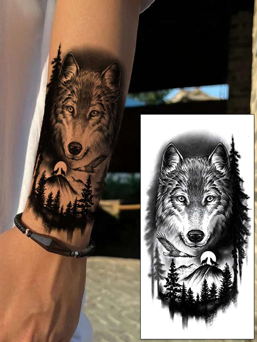 1 Hoja Tatuaje Falso Lobo, Tatuaje Temporal Para Hombres Para Mano, Brazo Y Cuerpo, Calcomanía De Tatuaje Animal Desechable - Negro - Ver 1