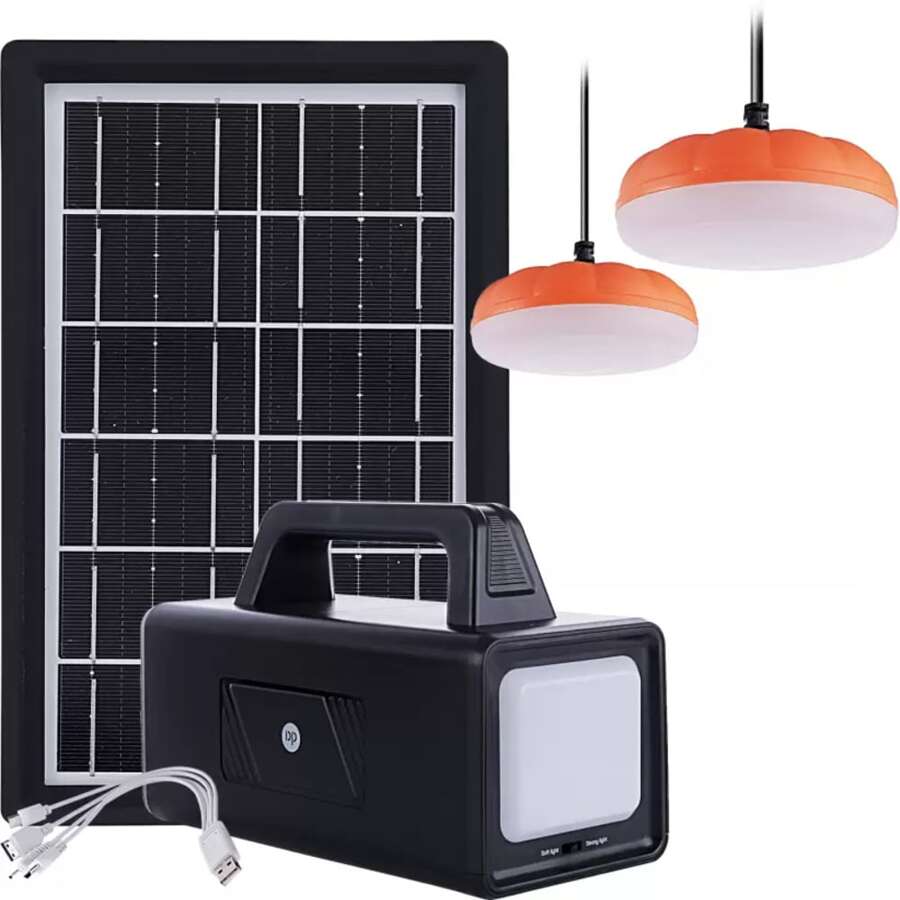 Kit Bateria Portátil Painel Solar 2 Lâmpadas Led 2usb - Preto - Visão 1