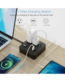 Office Flat Plug Power Strip 5 FT Ultra Thin Extension Cord With 3 Outlets 3 USB Ports - Black - View 4