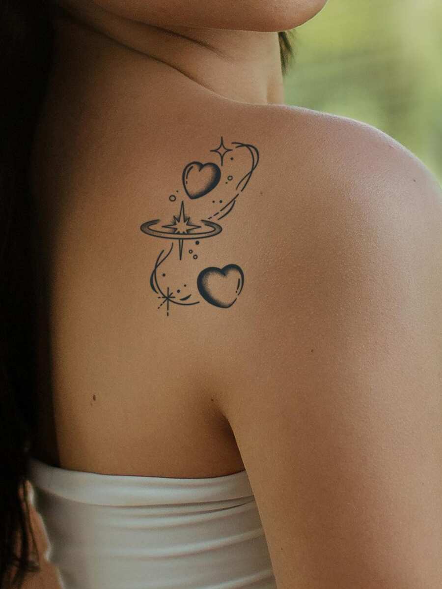 1 hoja de pegatina de tatuaje con patrón de corazón y estrella, tatuaje temporal pequeño para el cuerpo - Negro - Ver 1