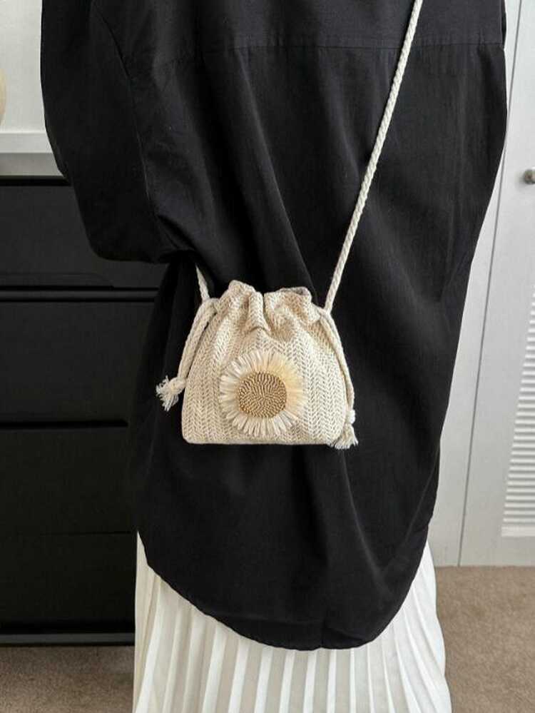 Lightweight,Portable,Classic,Casual Fashionable Solid Color Mini Crossbody Bag With Drawstring Closure & Small Daisy Ornament For Simple Commute & Dating For Teen Girls Women College Students Perfect for Office,College,Middle school, High school,Work ,Business,Commute,Outdoors, Travel, Outings,Shopping,Holiday,Beach,vacation