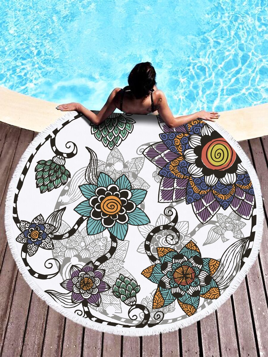 1pc Creative Printed Ultra-fine Fiber Round Beach Towel - Multicolor - View 1