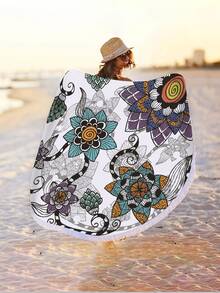 1pc Creative Printed Ultra-fine Fiber Round Beach Towel - Multicolor - View 5