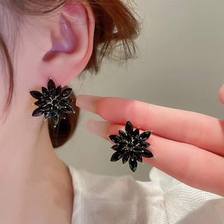 Elegantes Pendientes De Botón De Flor De Moda Para Mujeres - Negro - Añade 2